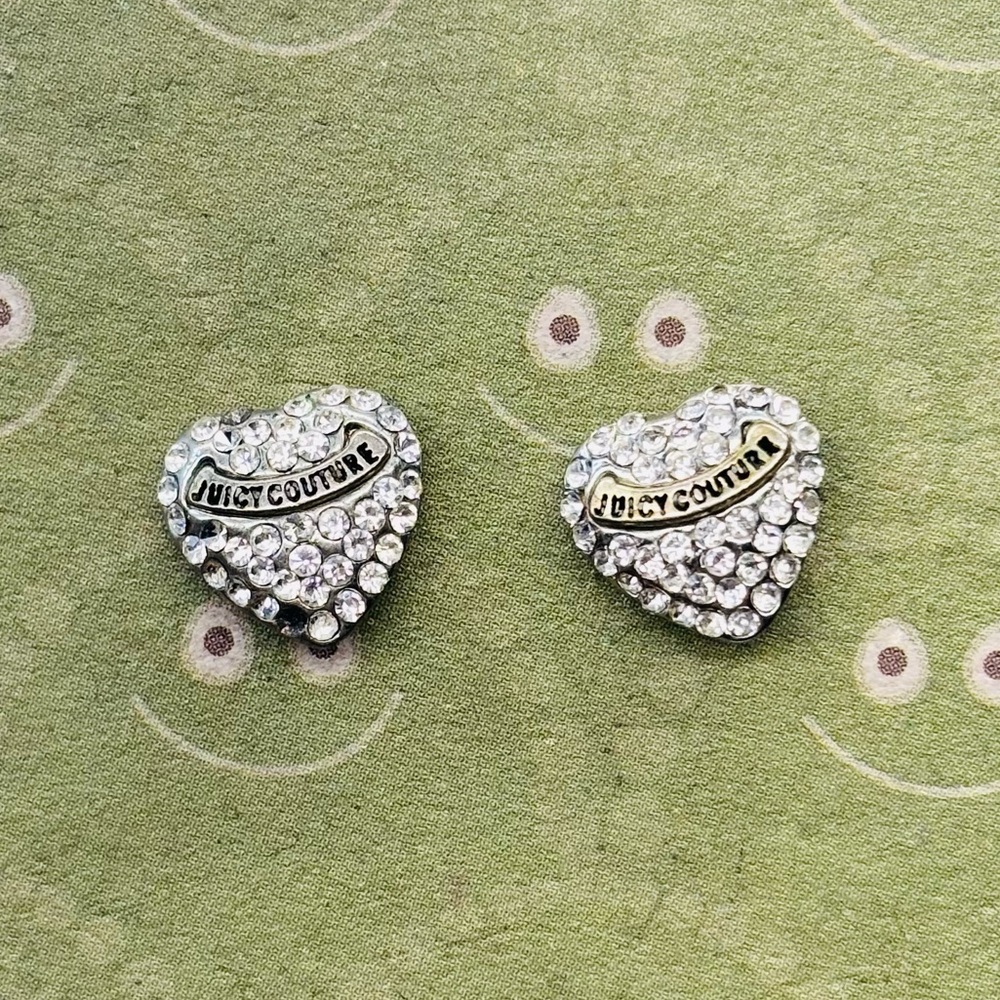 Juicy Couture Crystal Pave Heart Stud Earrings Crown Backs  - Silver